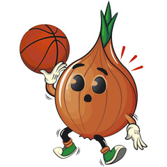 cute onion character playing basketball, cartoon vector illustration, work of hand drawn