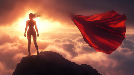 Woman Conquers Peak, Red Cape Flows, Sunrise