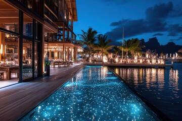 Fototapeta premium A luxurious poolside retreat illuminated at dusk, surrounded by palm trees, with majestic mountains framing the scene, creating an inviting and serene escape.