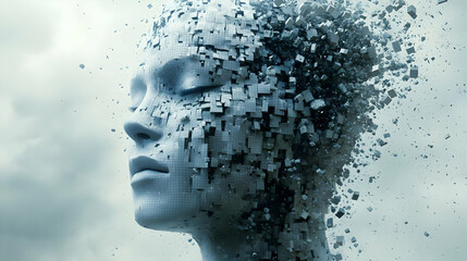 Digital Disintegration: A Face Fracturing into Cubes Abstractly