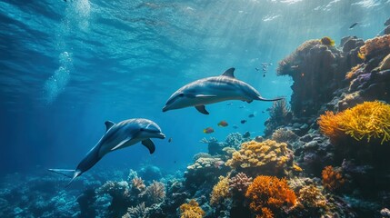 Naklejka premium Two dolphins swim above vibrant coral reef.