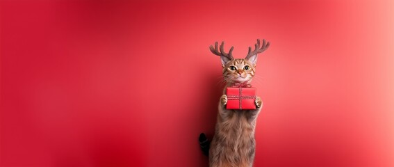 A neutered cat with a red gift box and deer antlers on its head, with the text "Merry Christmas" in a cursive font on the left side of the banner, red background with Christmas Theme. - Generative AI
