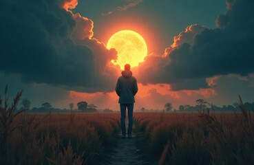 Man stands alone in field at dawn dusk. Large glowing sun moon behind dark clouds. Peaceful scenery. Nature scene evokes sense of pondering, personal reflection. Man focuses on horizon. Golden hour