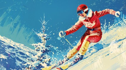 A vibrant vintage skiing poster featuring a skier in bright attire, capturing the thrill of winter sports.