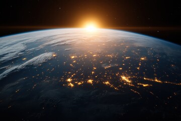 Obraz premium This breathtaking image captures Earth from space at sunrise, showcasing twinkling city lights below that reflect the beauty and complexity of human civilization.