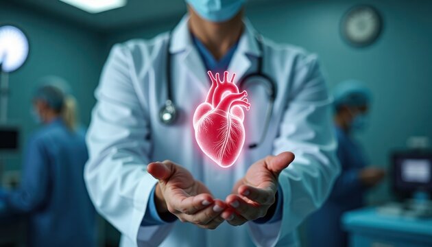 Medical pro holds heart anatomy hologram in hospital. Tech innovative doctor prepares for surgery. Cardiology tech procedure. Hospital environment. Professional medical team in background. Surgical