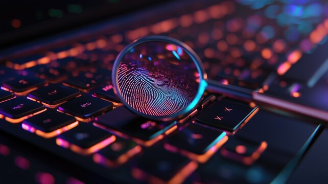 Magnifying glass over keyboard highlighting fingerprint, symbolizing cybersecurity and digital forensics