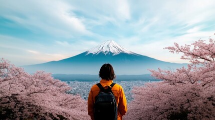 Fototapeta premium Scenic View of Snow-Capped Mount Fuji with Cherry Blossoms