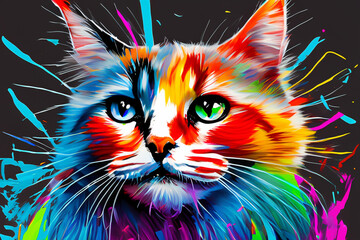 Colorful cat green eyes and black background. Cat black background painted with strokes. Cat with a black background painted with a colored strokes. A cat with a black background painted on lifestyle.