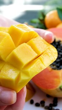 Slow motion of woman is cutting fresh mango fruit and showing the juicy side of diced pulps.