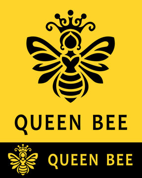 Stylish queen bee logo design with intricate crown details, golden background, and bold artistic lines