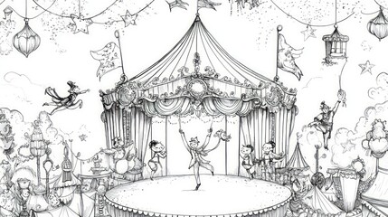 Whimsical carousel scene, fantastical figures.