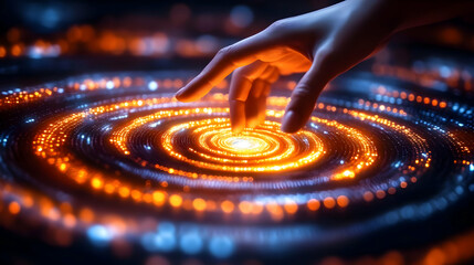 Fingertip Activates Glowing Spiral: Futuristic Tech Interface, Digital Art