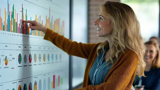 Professional pointing at colorful data charts during a business presentation

