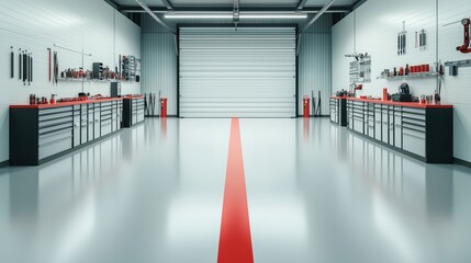Spacious garage interior features tool cabinets, red stripe on floor. Organized workspace with metal cabinets, drawers. Bright lighting illuminates area. Large garage door provides access. Pro, clean