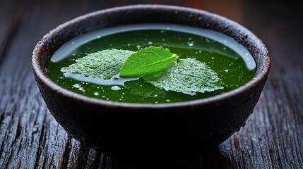 Green herbal tea in rustic bowl.