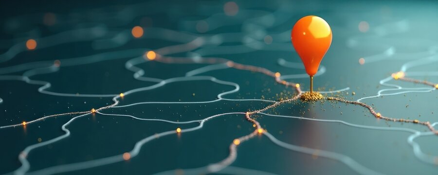 Abstract tech roadmap visualization. Orange marker pin highlights future innovation path. Network lines, glowing points illustrate infrastructure upgrades, software implementation. Modern tech
