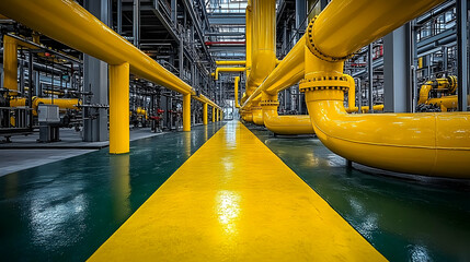 Industrial Plant: Yellow Pipes & Pathways, Reflecting Progress