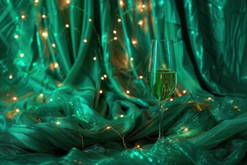 Sparkling drink in elegant glass on green silk backdrop with fairy lights