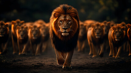 Majestic Lion Pride Walking at Sunset, Wild African Savanna