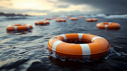 Orange Life Preservers Float on Water's Surface