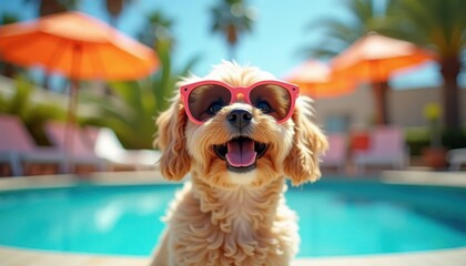 Adorable dog wears oversized sunglasses by poolside. Tropical decor, bright umbrellas create joyful summer scene. Dog happy, relaxed near water. Sunny day at pool. Fun pet image perfect for