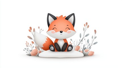 Obraz premium Cute Cartoon Fox Character with Floral Elements and Cheerful Expression