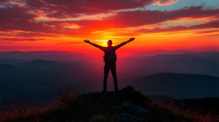 Hiker Triumphantly Greets Sunset on Mountain Peak, Achieving Freedom and Serenity