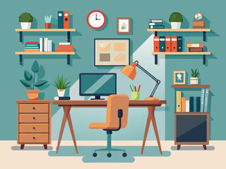 colorful illustration of a Scandinavian-style workspace with a sleek wooden desk, ergonomic chair, and clean shelves.