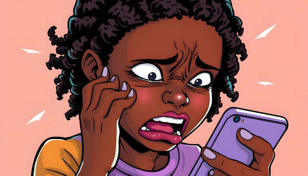 African girl cringe and looking at phone screen with disgust, reading inappropriate content isolated with white highlights, png