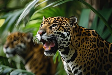 Obraz premium Majestic Jaguar Roaring In Lush Green Foliage