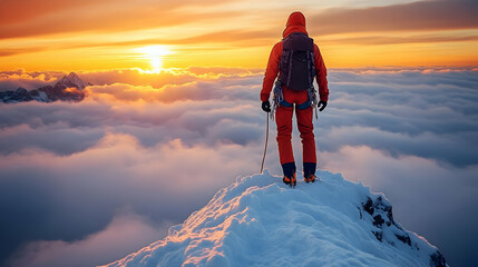 Climber Conquers Peak at Sunrise, Stunning View