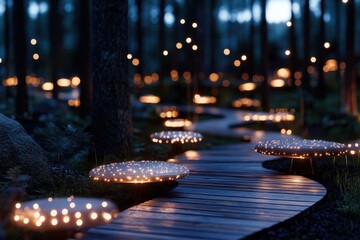 A mesmerizing forest pathway illuminated by enchanting lights, inviting wanderers to explore the tranquil natural beauty amidst a captivating atmosphere at dusk.