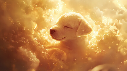 A peaceful baby-labrador surrounded by a heavenly glow, lost in a tranquil whirlwind of soft light. Halcyon. Illustration