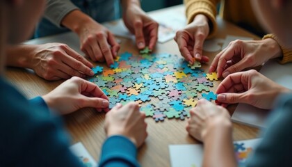 Group of people collaborate to solve a complex jigsaw puzzle. Hands focus on aligning colorful puzzle pieces. Teamwork effort, brainstorming solutions. Creative problem-solving, strategy development.