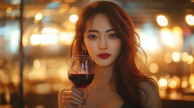 Asian woman enjoys romantic evening in modern luxury restaurant. Holds glass of red wine, looks relaxed, elegant. City lights blur in background creating glamorous ambiance. Photo captures moment of