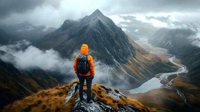 Hiker Contemplates Majestic Mountain Views in Misty Valley