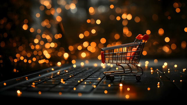 Online Shopping: Cart on Laptop, Festive Lights