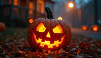 Halloween pumpkin glows brightly at night. Ornate carved face lights up garden. Autumn leaves surround pumpkin. Spooky festive decoration. Nighttime outdoor scene. Festive fall decor.