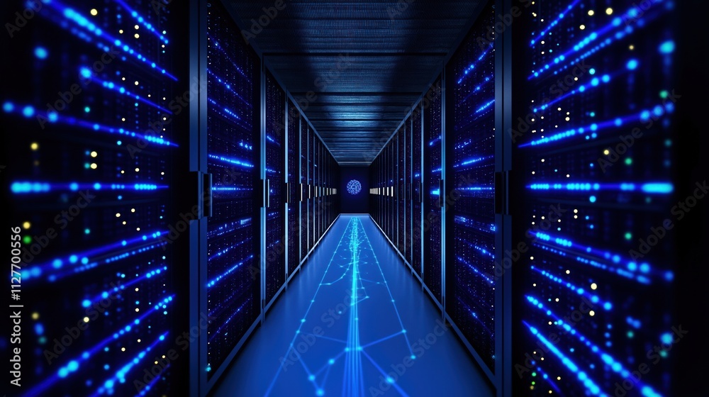 Aufkleber Digital server racks line data center hallway. Glowing blue lights show tech processing inside. Modern infrastructure powers AI, neural network innovations. Cutting-edge tech solutions central to