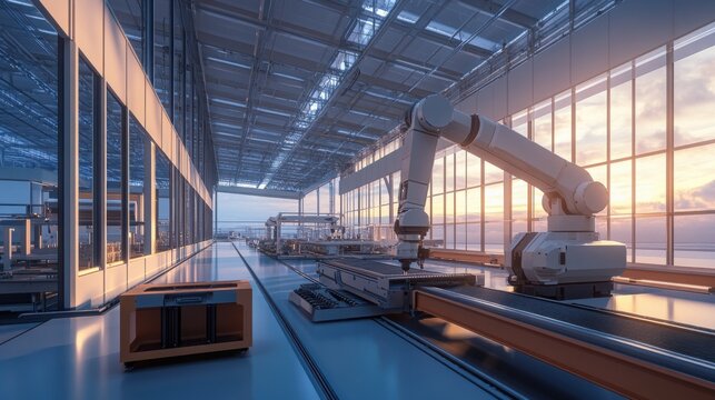 Robotic arms working on assembly line in modern factory at sunset