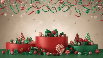 Fototapeta premium Festive Holiday Decor with Gifts, Ornaments, and Ribbons. Celebrate the holiday season with this vibrant arrangement of gifts, ornaments, and colorful ribbons. Perfect for festive designs!