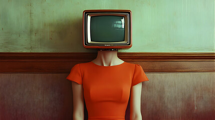 Woman with TV Head: Surreal Art, Media Influence, Vintage Television
