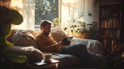 A man using a tablet while sitting on a cozy couch, surrounded by books and a cup of coffee, with natural light streaming through a window 