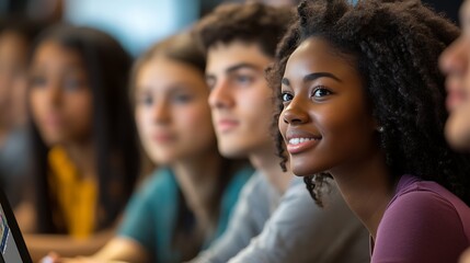 Obraz premium A group of diverse students attending an online class on a video conferencing platform, with focus on a screen displaying the session 