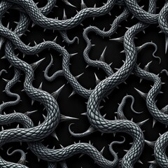 Fototapeta premium Dark pattern of twisted metal vines with sharp thorns. Intricate design suggests danger, power. Abstract plant forms create gothic style backdrop. Suitable for various decorative projects. Graphic