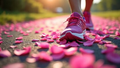 Runners foot steps on pink petal path. Outdoor sunny scene. Woman person walks on path with pink flower petals. Pink running shoes. Breast cancer awareness. Health, fitness. Support for women health.