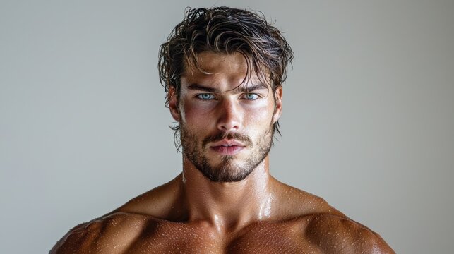 Shirtless Man with Defined Muscles and Intense Expression