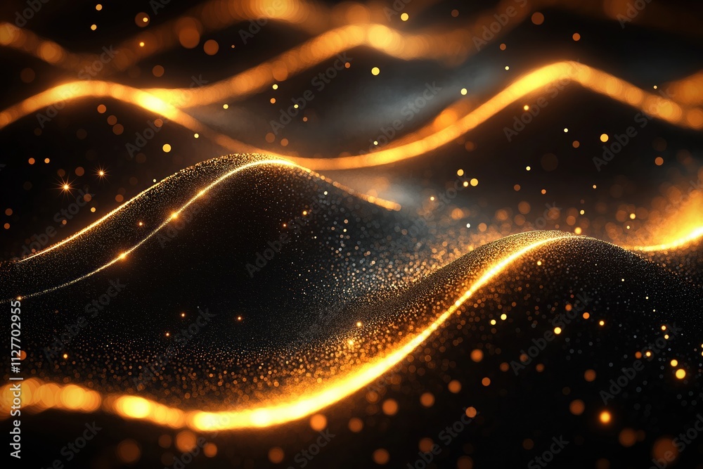 Poster Abstract illustration features dark background with golden waves, particles. Shiny golden lines curve, swirl across surface. Glowing particles create sense of movement, energy. Suitable for
