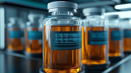 Close-up of laboratory vials filled with amber liquid for research or medical use.